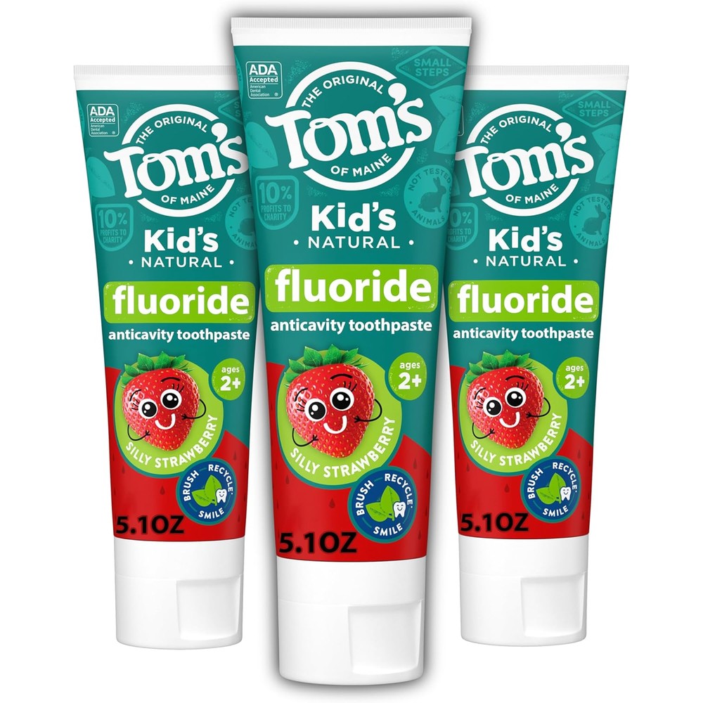 Tom's of Maine Kids Fluoride Toothpaste Silly Strawberry front view 3-pack.
