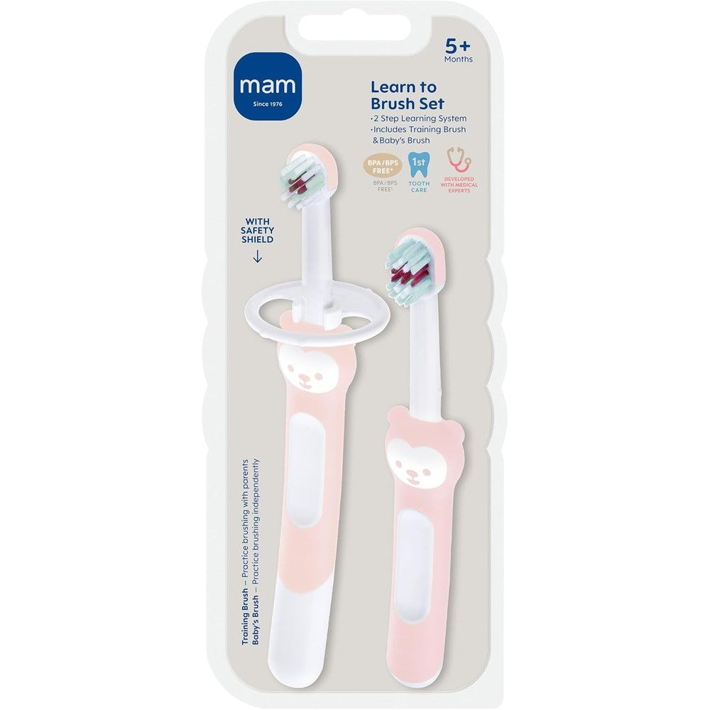 MAM Learn to Brush Set front view showing pink training brush and baby brush.