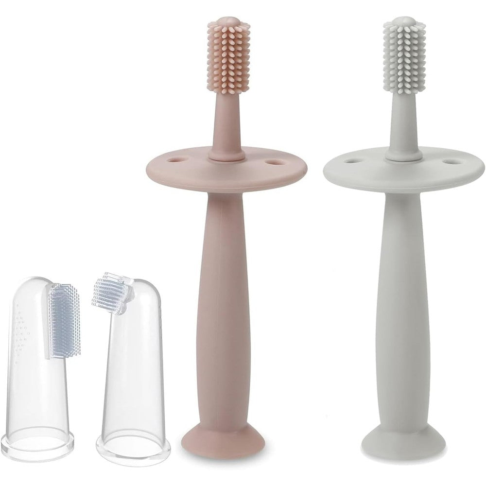 PandaEar Baby Finger Toothbrush front view pink and blue silicone set