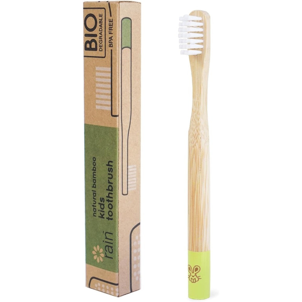 Rain Organic Bamboo Baby Toothbrush front view of eco-friendly handle and soft bristles.