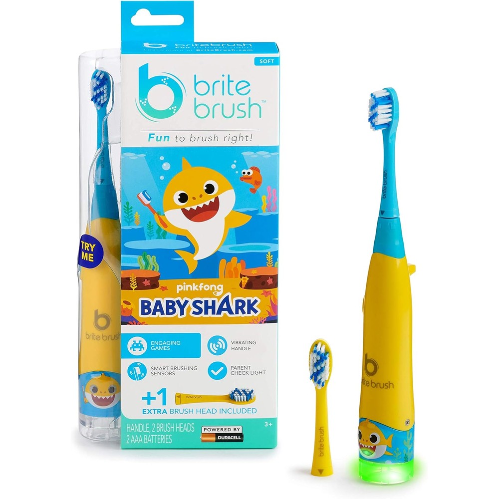 BriteBrush Baby Shark interactive smart kids toothbrush front view with yellow and blue handle.
