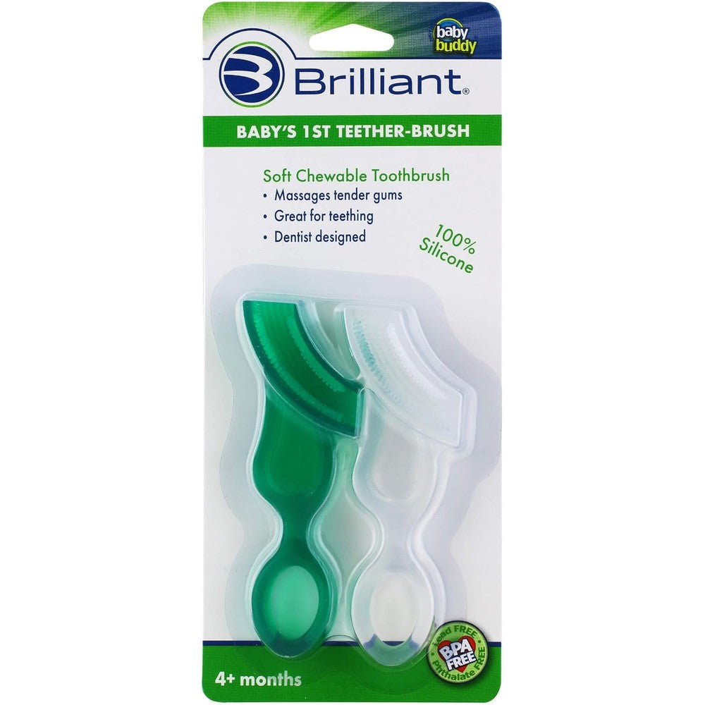 Brilliant Baby's First Toothbrush Teether front view green and clear 2 pack