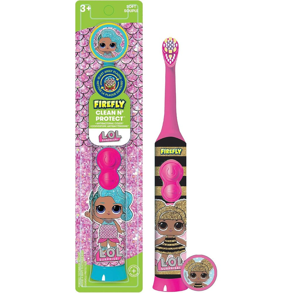 Firefly Clean N' Protect L.O.L. Surprise! battery toothbrush front view with antibacterial cover.
