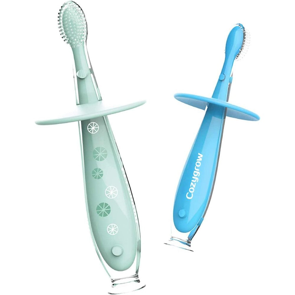 Cozygrow Baby Training Toothbrush front view in mint green and blue colors.