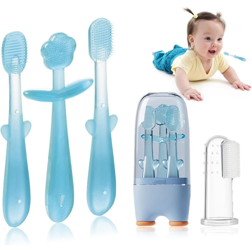 FOKiiBO Baby Silicone Toothbrush Set front view showing blue storage cup and oral care tools.