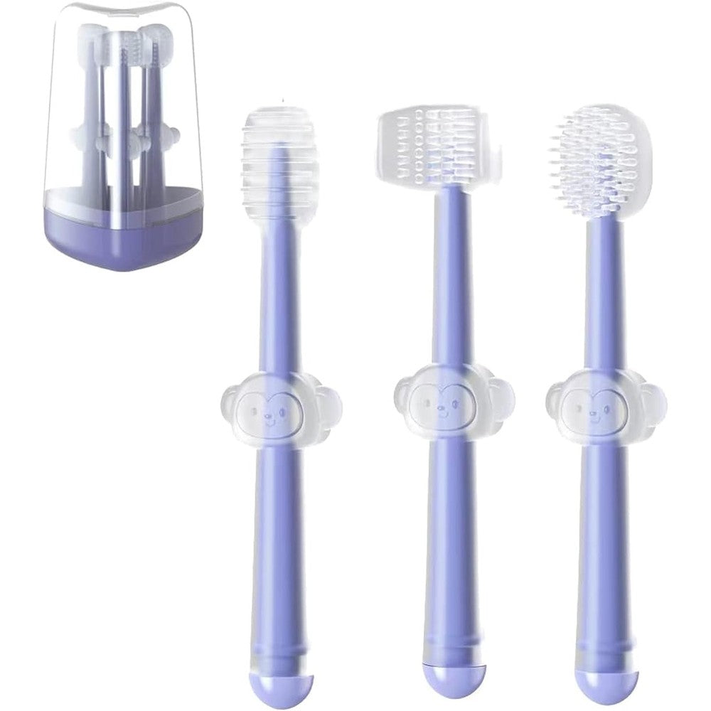 PandaEar 3 Pack Silicone Baby Toothbrush Set front view showing three different purple brushes.