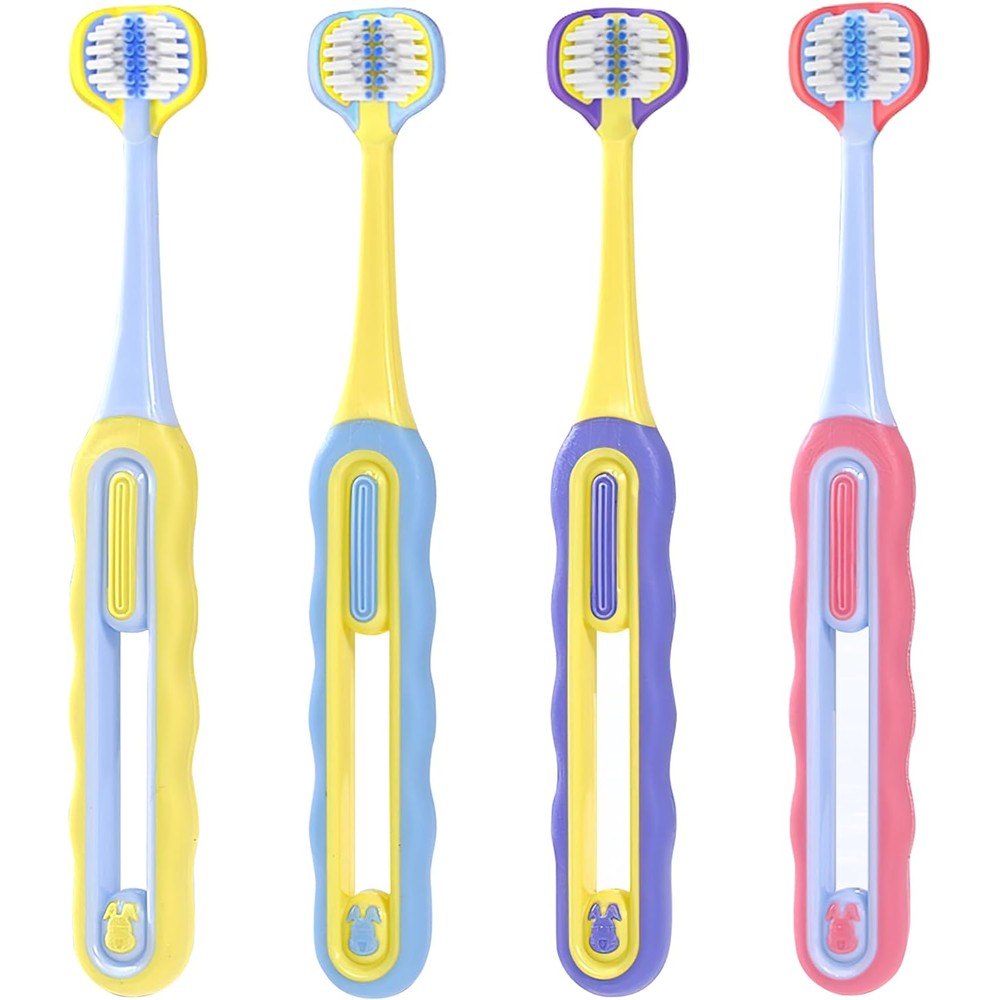 Panimosi 3-Sided Toddler Toothbrush 4-pack front view showing four colors