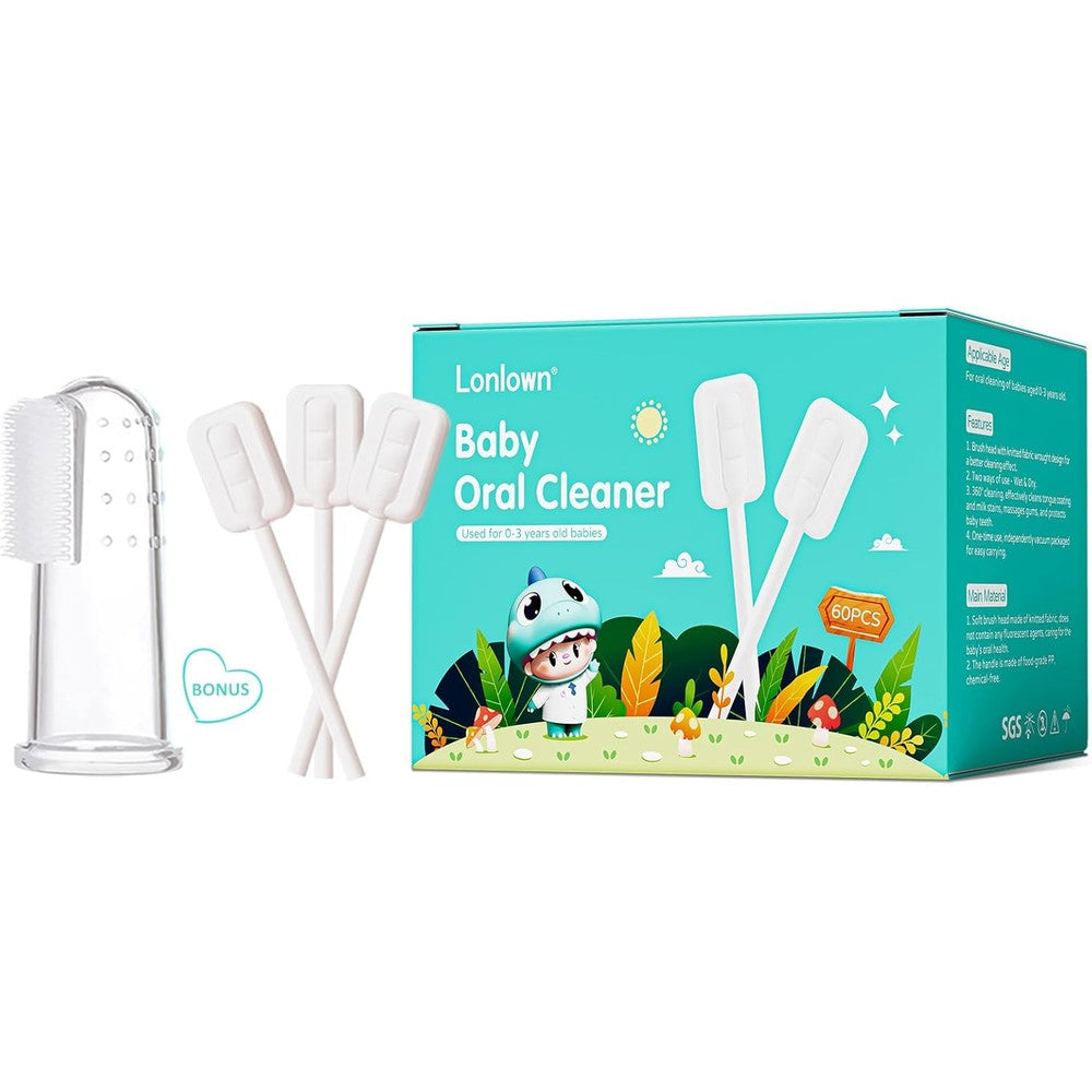 Lonlown Baby Tongue Cleaner 60 pieces pack front view disposable oral sticks.