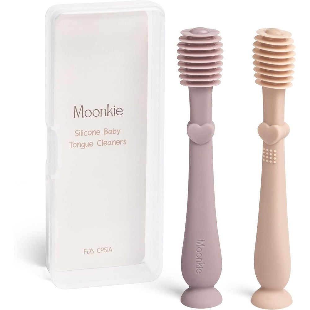 Moonkie Baby Tongue Cleaner and Toothbrush kit front view in Blush and Pale Mauve.