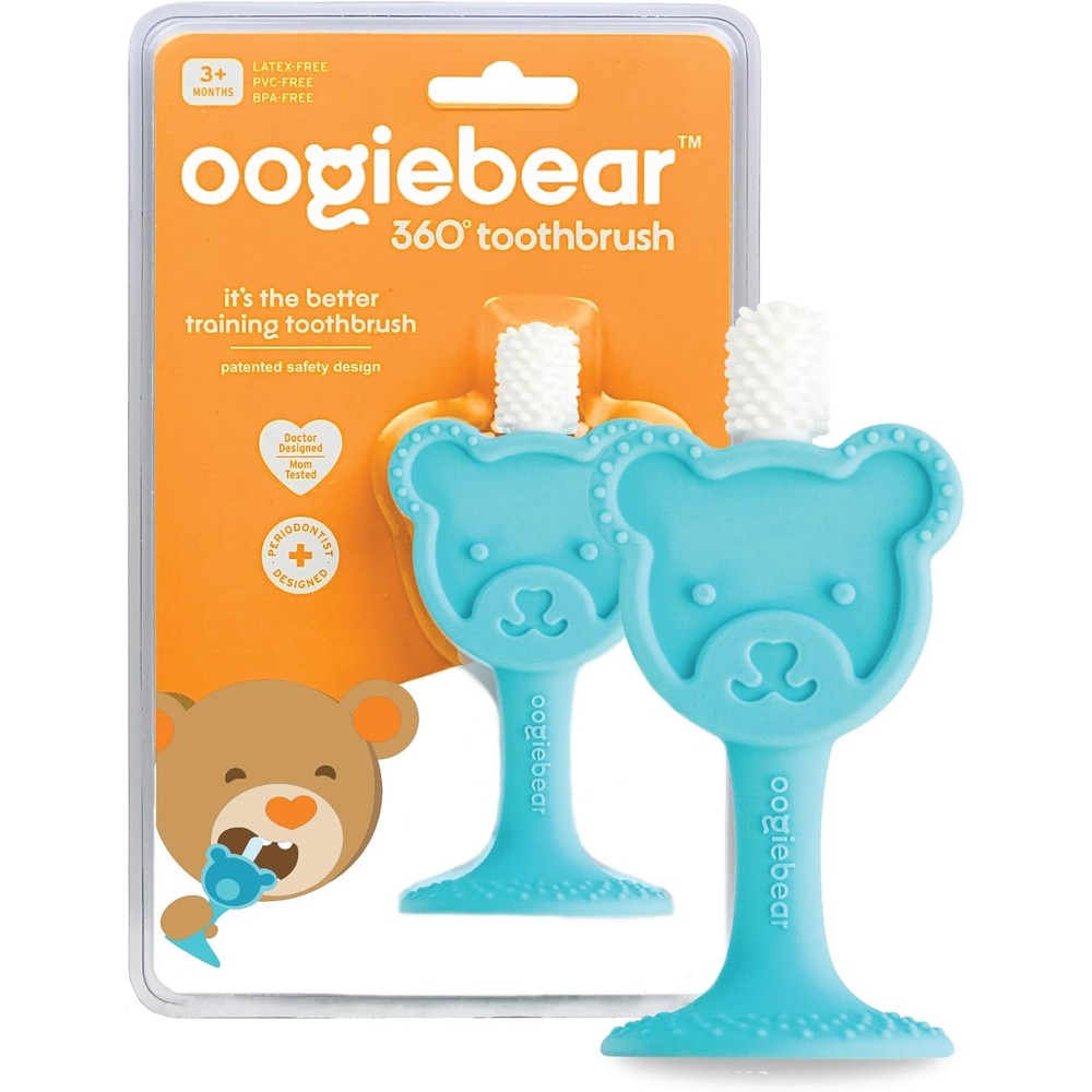 Oogiebear 360 degree infant training toothbrush in blue front view