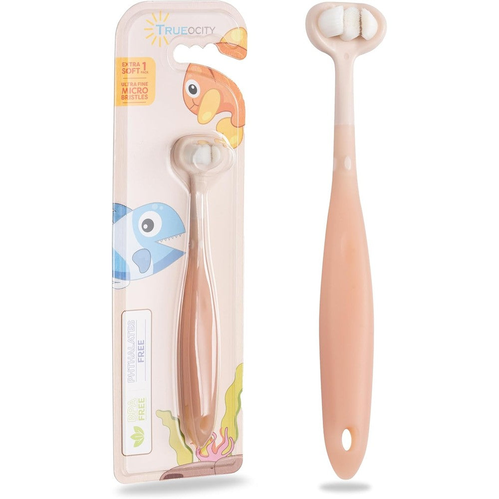 Trueocity Extra Soft Toddler Toothbrush front view in apricot showing 3-sided head.