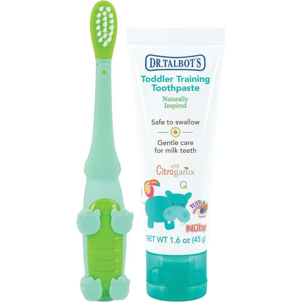 Dr. Talbot's Toddler Training Toothbrush and Toothpaste set front view for infant oral care.