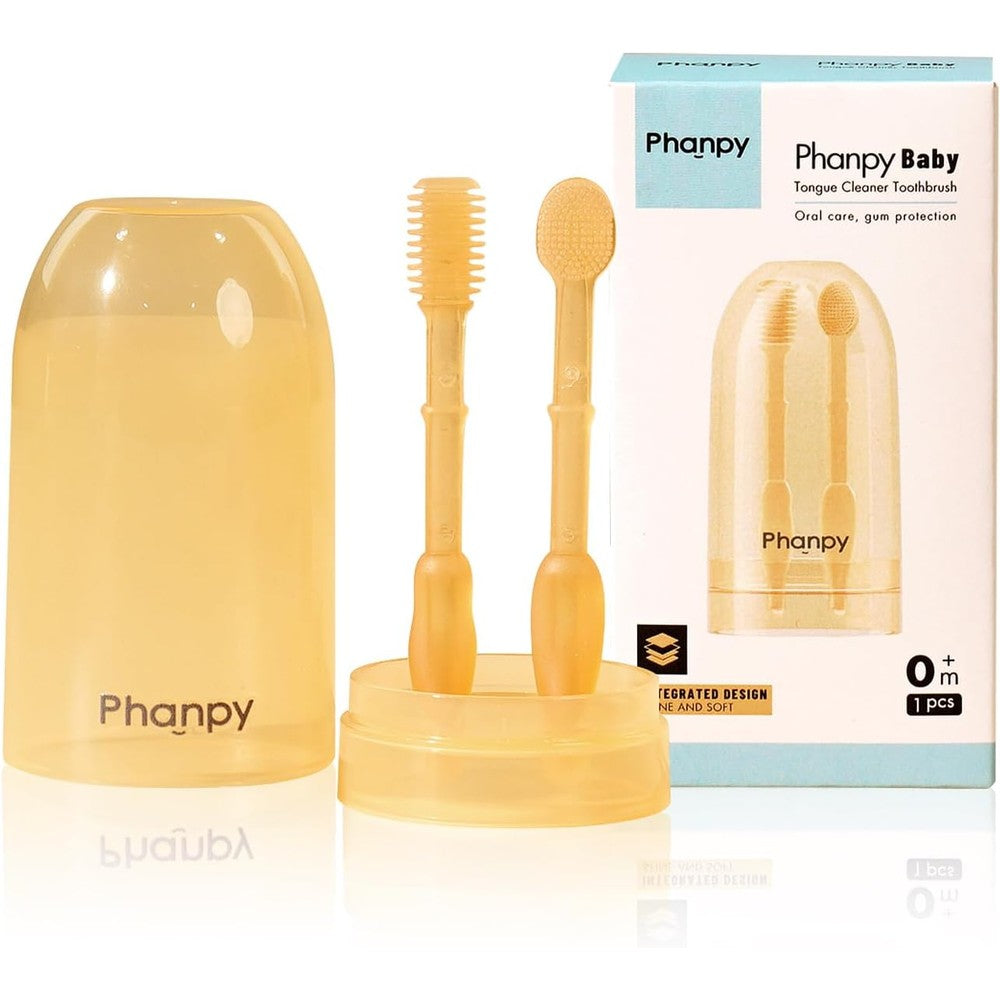 Phanpy Baby Tongue Cleaner and Toothbrush set front view in storage cup.