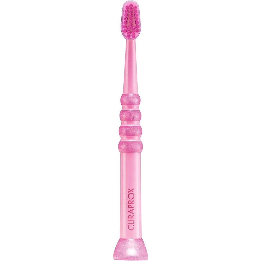 Curaprox Baby Toothbrush front view showing pink ultra soft bristles for infants.