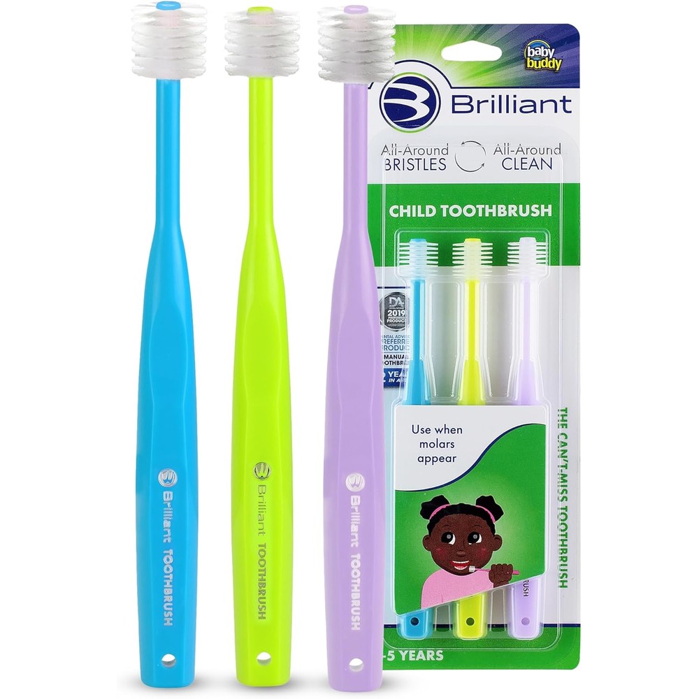 Brilliant Child Toothbrush 3-pack front view showing blue lime and lilac handles.