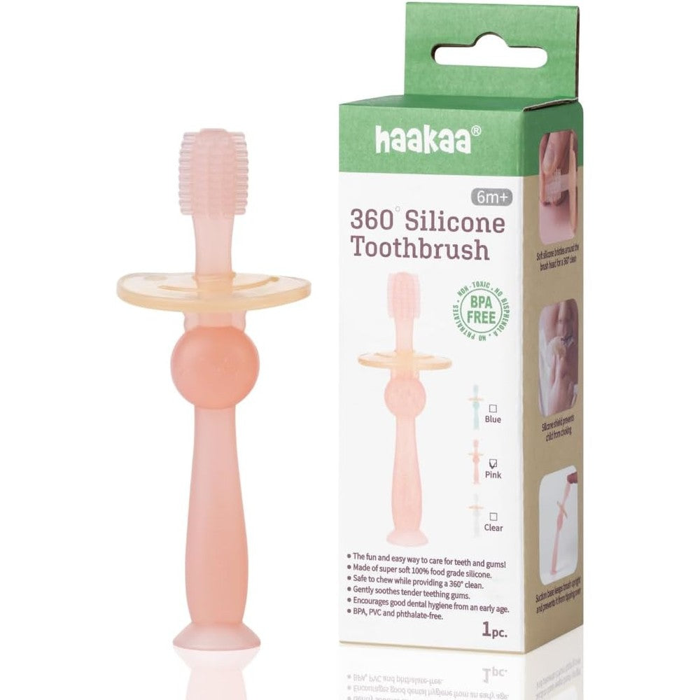 Haakaa 360 Degree Silicone Baby Toothbrush pink front view with suction base.