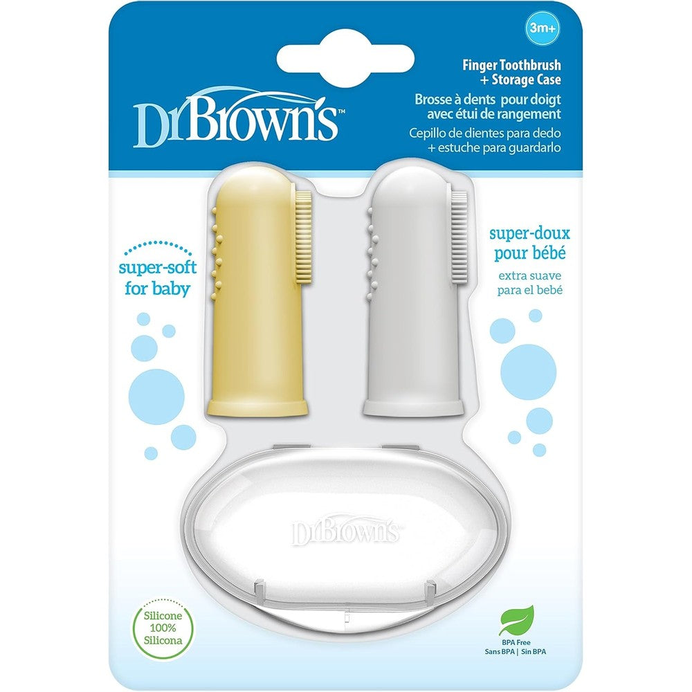 Dr. Brown's Silicone Finger Toothbrush 2-Pack front view showing gray and yellow brushes.