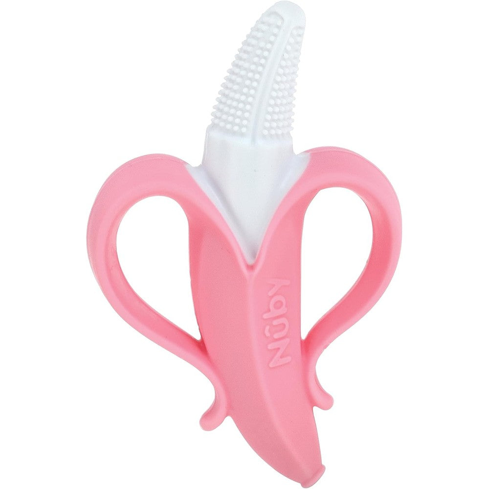 Nuby NanaNubs Banana Massaging Toothbrush Pink front view for infant oral care.