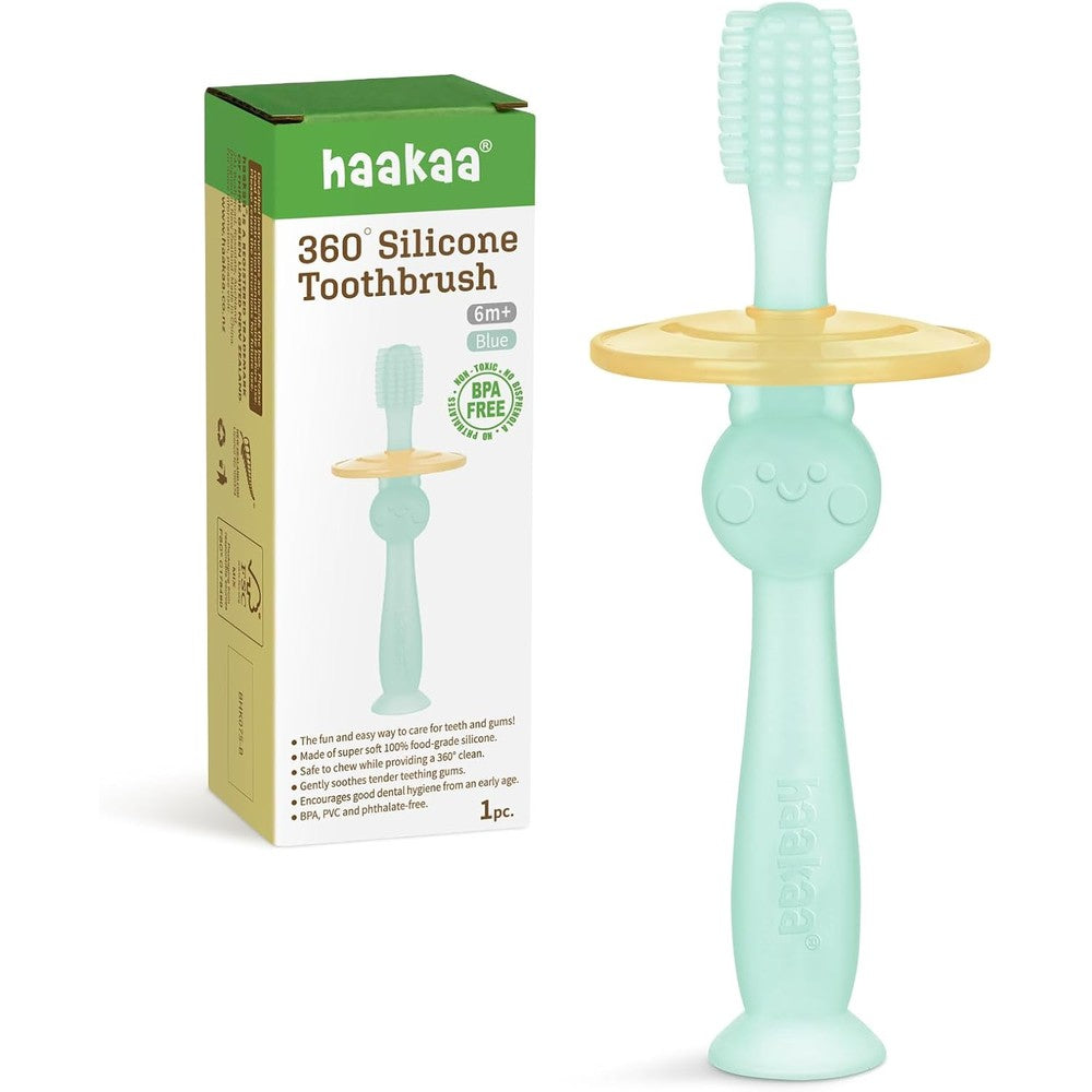 Haakaa 360 Degree Baby Toothbrush blue front view silicone bristles