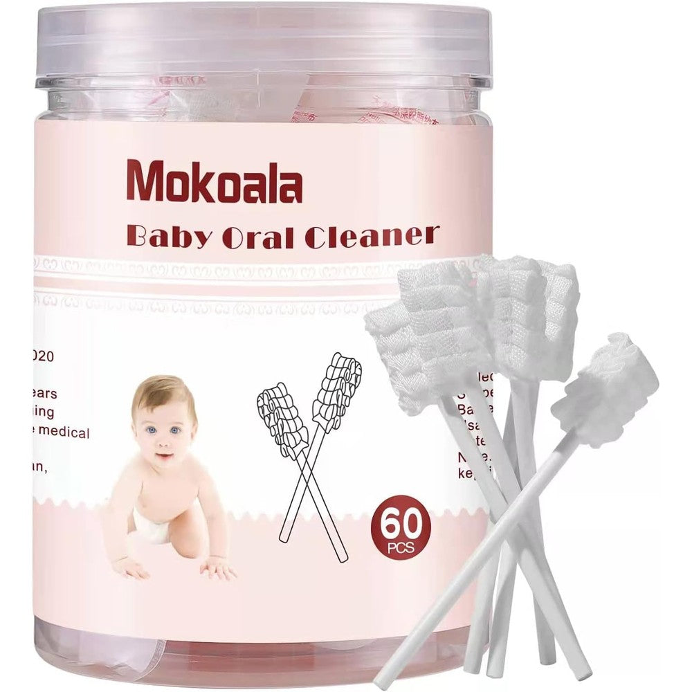 Mokoala Baby Tongue Cleaner front view of 60 piece pack showing individual packaging.