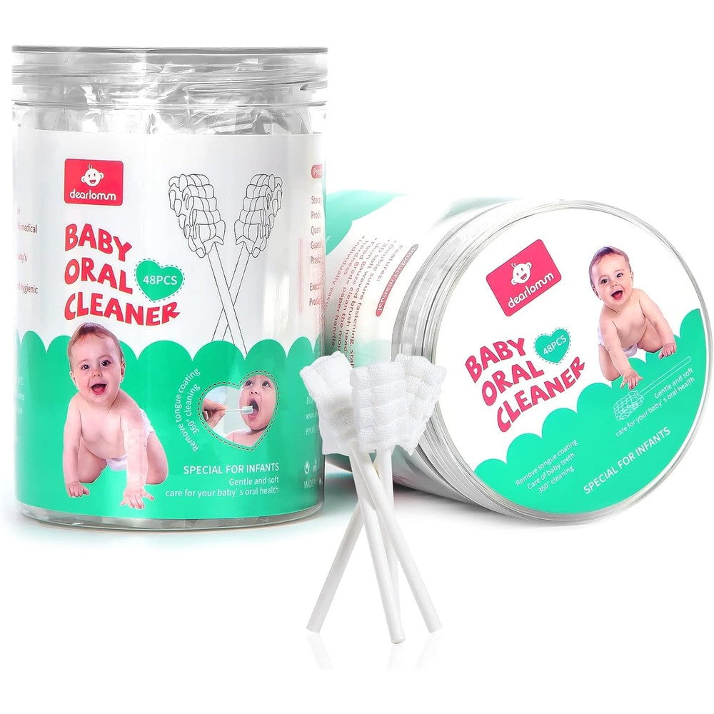 Dearlomum Baby Tongue Cleaner 48 count pack front view showing packaging.