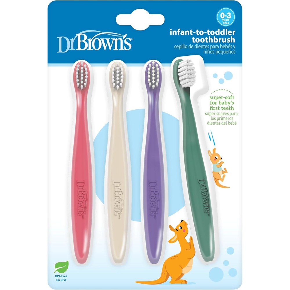 Dr. Brown's Infant-to-Toddler Toothbrush 4-Pack front view showing pink and green colors.