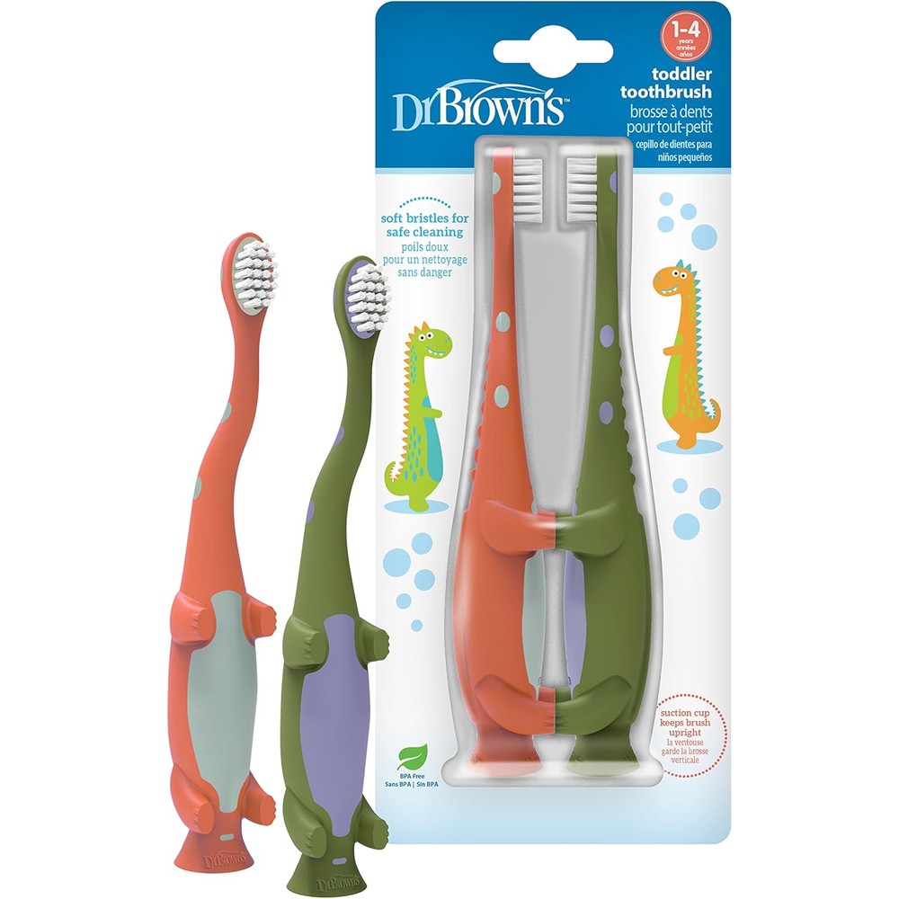 Dr. Brown's Baby and Toddler Toothbrush Green and Orange Dinosaur 2-Pack front view soft bristles