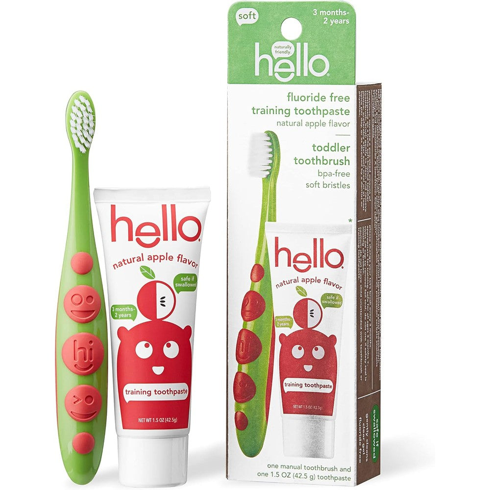 Hello Toddler Training Toothpaste and Toothbrush set front view showing apple flavor.