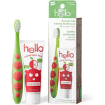 Hello Toddler Training Toothpaste and Toothbrush set front view showing apple flavor.