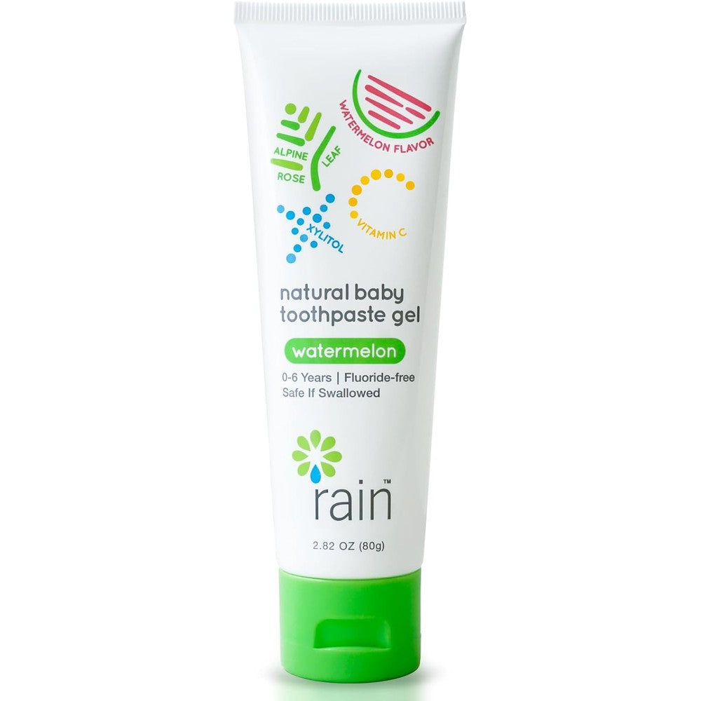 Rain Natural Baby Fluoride Free Toothpaste Gel front view for infant dental training.
