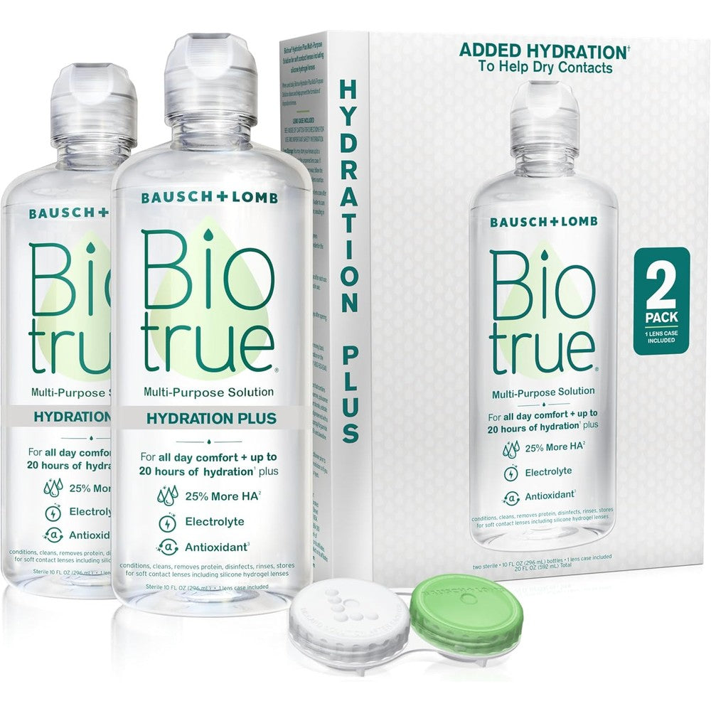 Biotrue Hydration Plus multi-purpose contact lens solution bottles front view