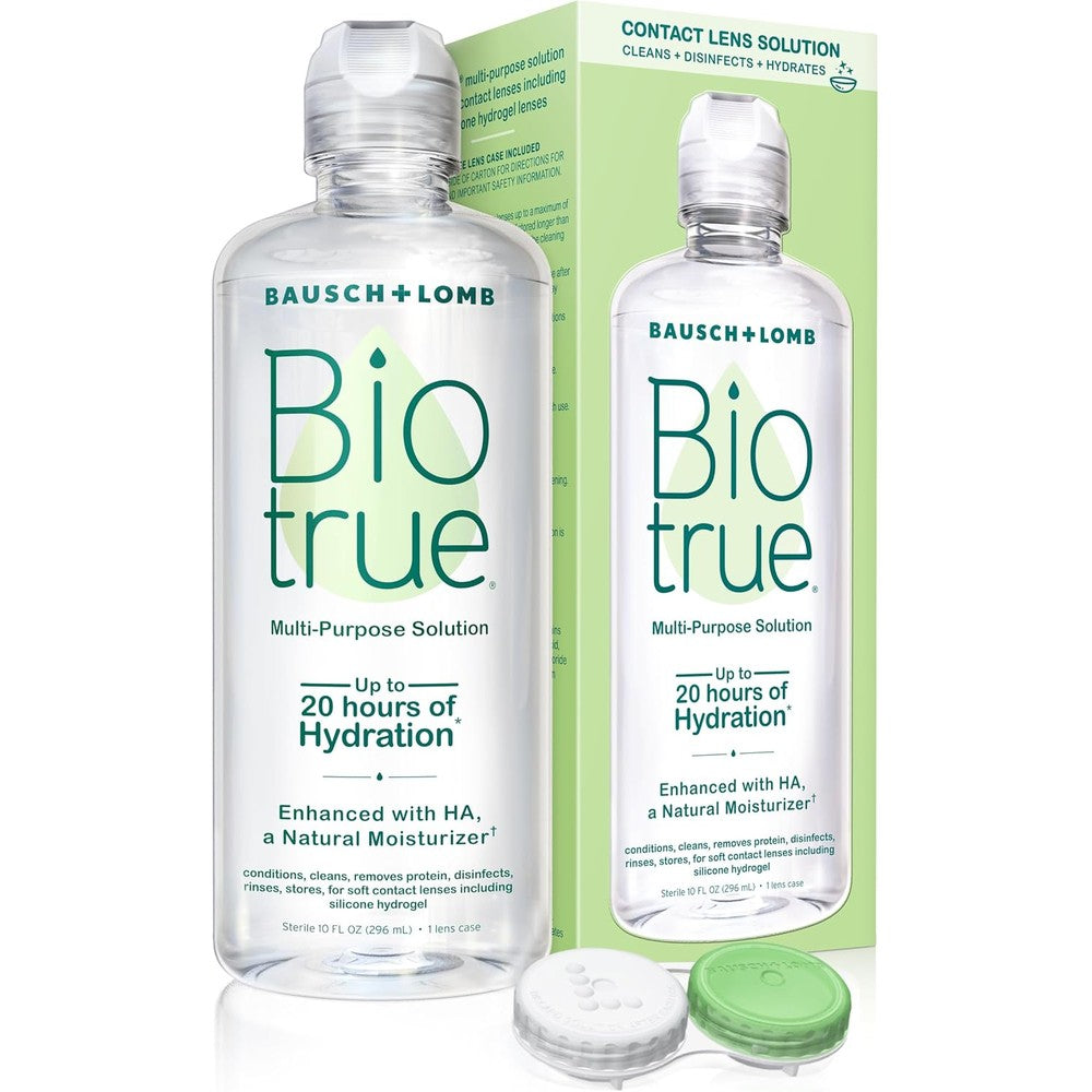 Biotrue multi purpose contact lens solution front view packaging bottle for daily eye care.