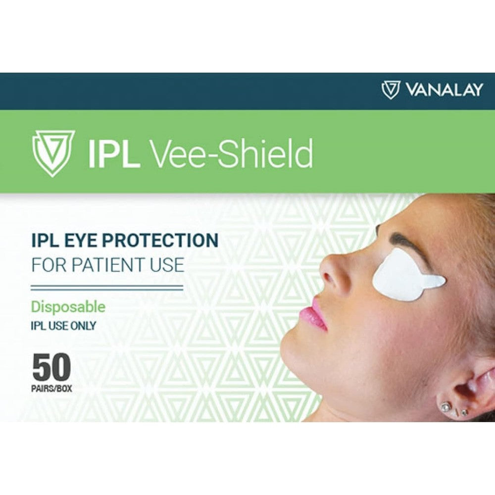 Vanalay IPL Vee Shields disposable eye protection front view box pack
