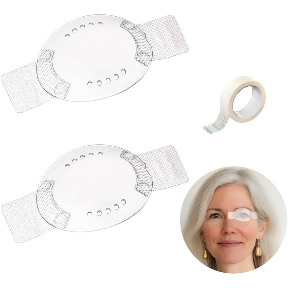 CheerCorner Clear Plastic Eye Shield front view showing ventilated eye patches and medical tape for post surgery recovery.