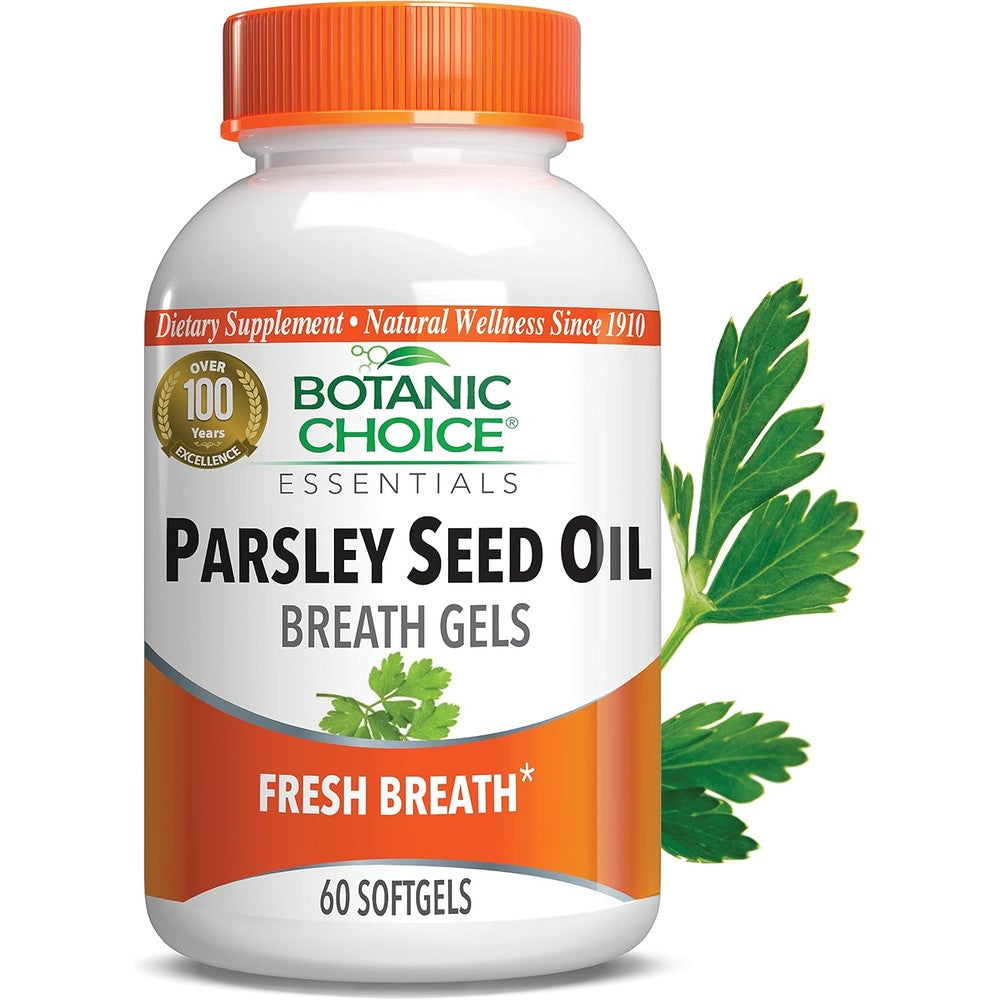Botanic Choice Parsley Seed Oil 60 softgels bottle front view for internal breath freshness