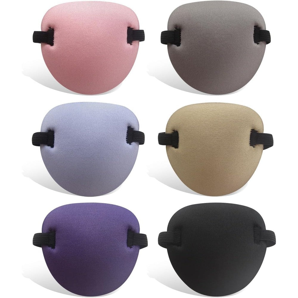 RIKEYO medical eye patches front view showing six colorful 3D contoured eyepatches for adults and kids.