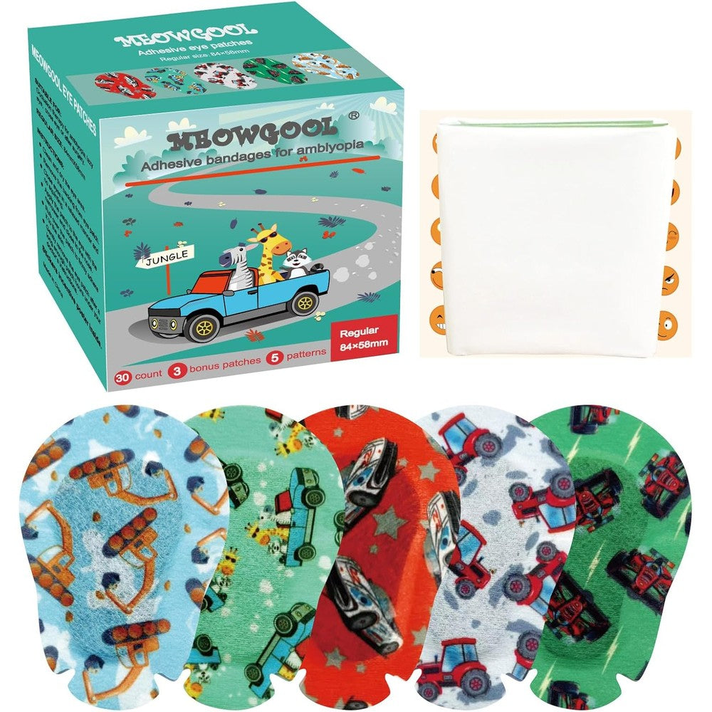 Meowgool Adhesive Eye Patches for Kids front view box packaging featuring boys designs