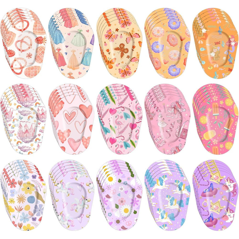 Jollidecor kids adhesive eye patches front view showing seventy five count bulk pack packaging.