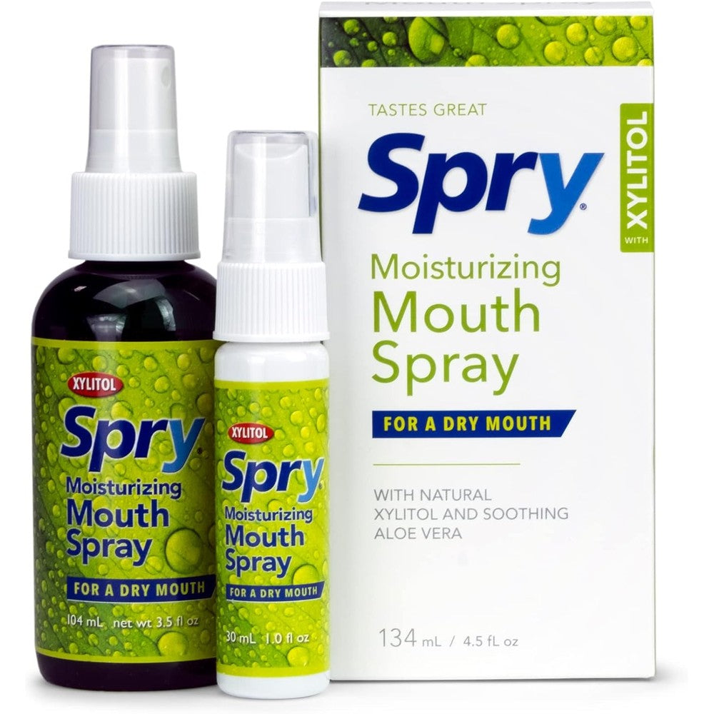 Spry Natural Xylitol Moisturizing Dry Mouth Spray front view for oral hydration.