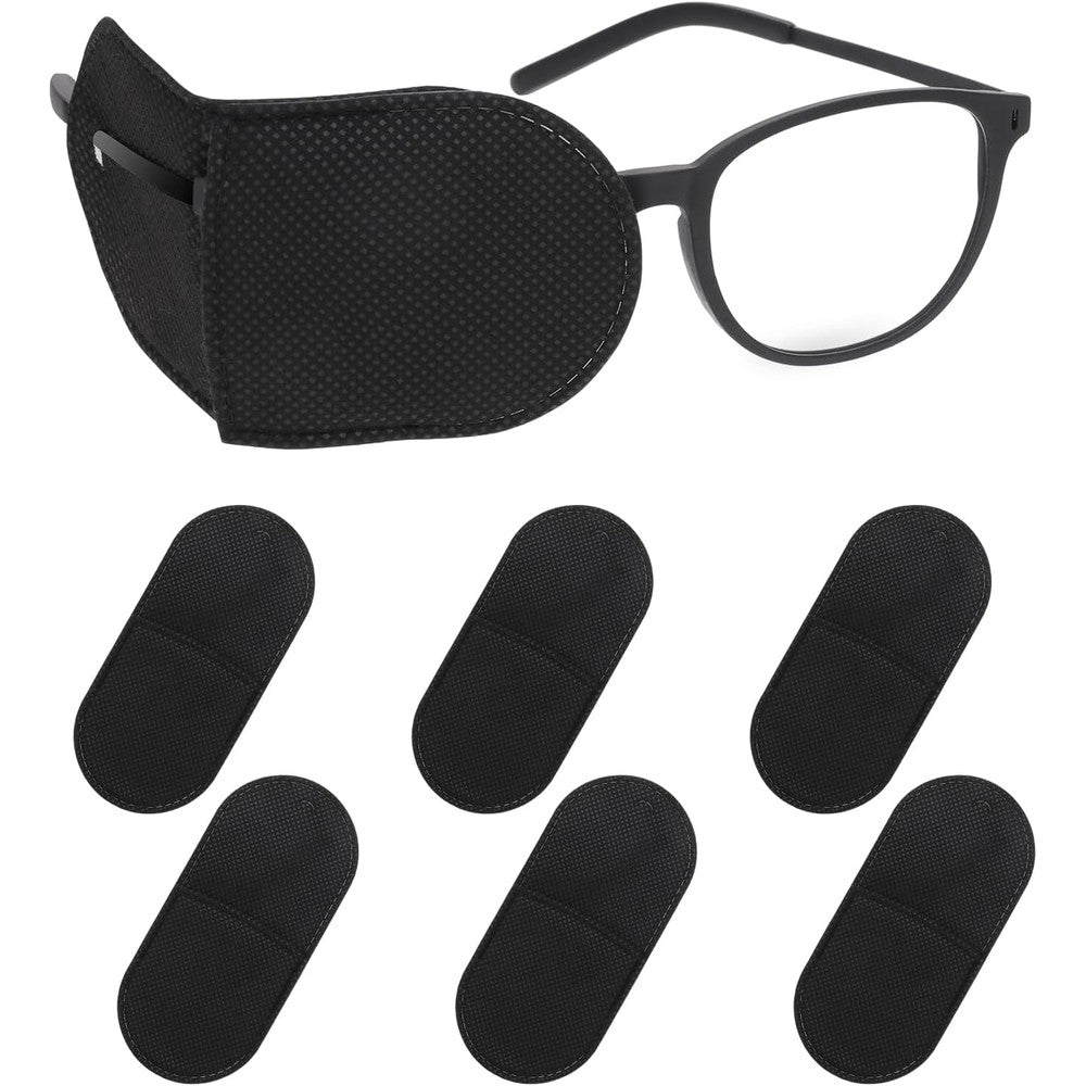 Ouligay 6 pieces glasses eye patch black front view package showcasing reusable non-woven fabric covers