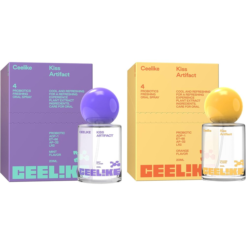 Ceelike 2-pack probiotic oral spray front view showing mint and orange bottles
