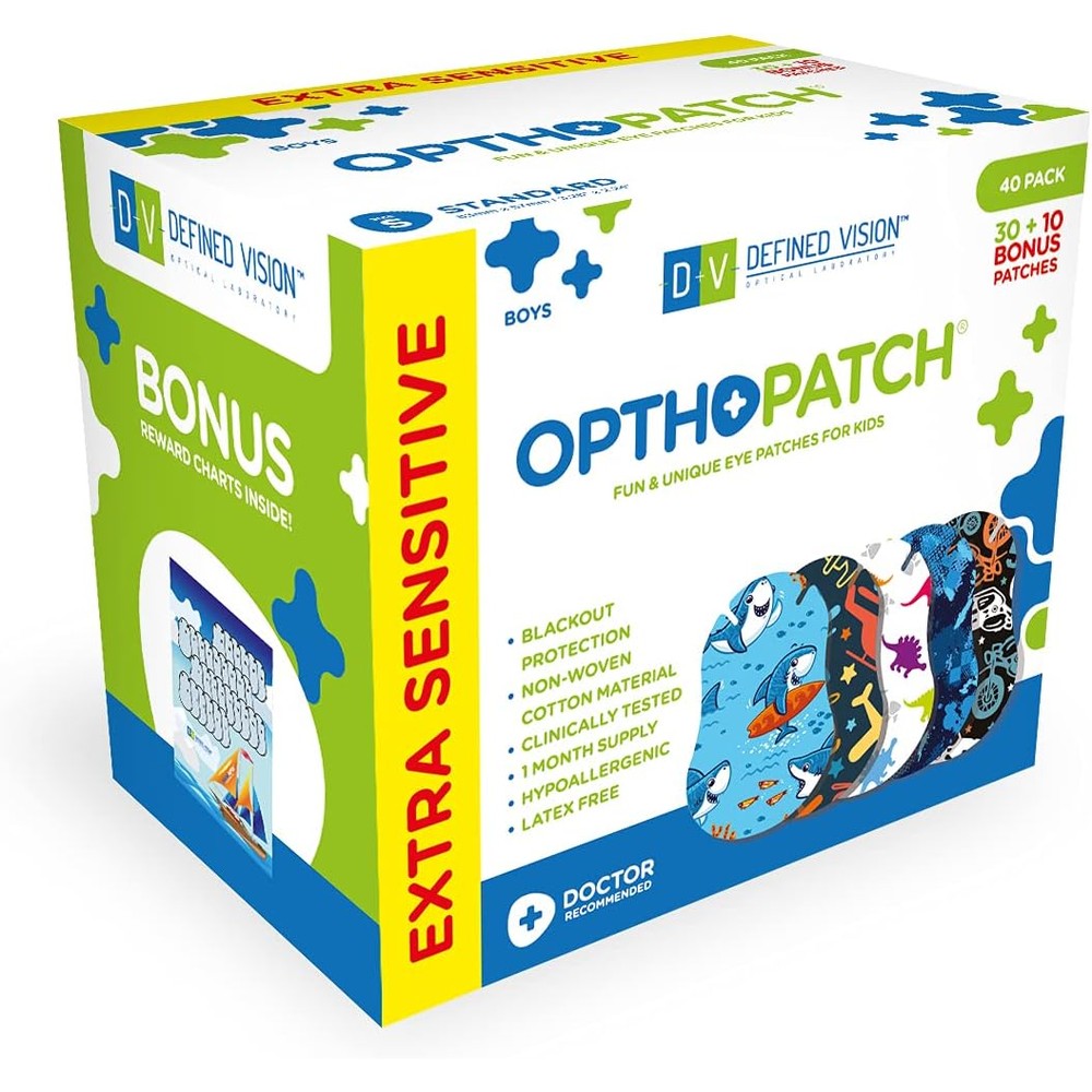OPTHOPATCH Kids Eye Patches front view showing fun boys design box packaging