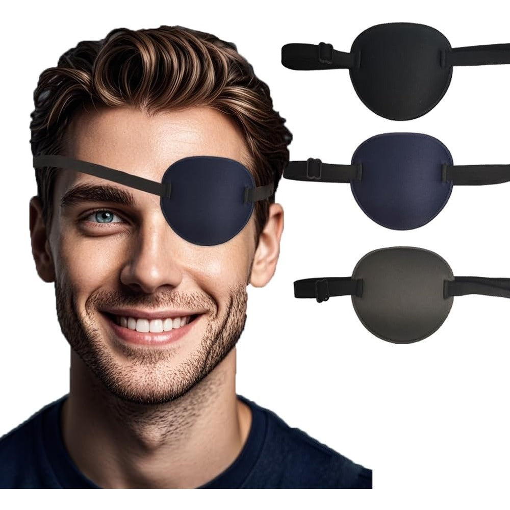 VEEJION medical adjustable eye patches front view showing three-piece pack in black
