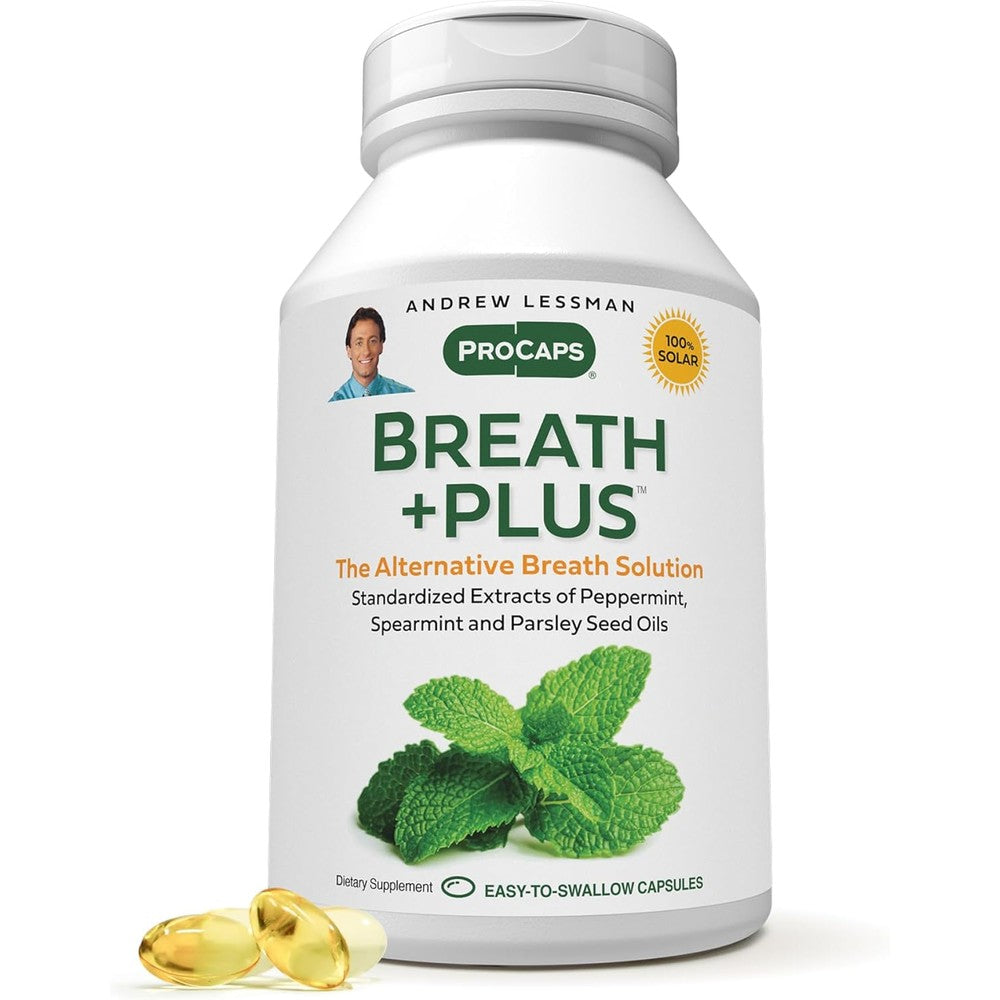 Andrew Lessman Breath Plus 60 Softgels front bottle view for internal breath freshness.