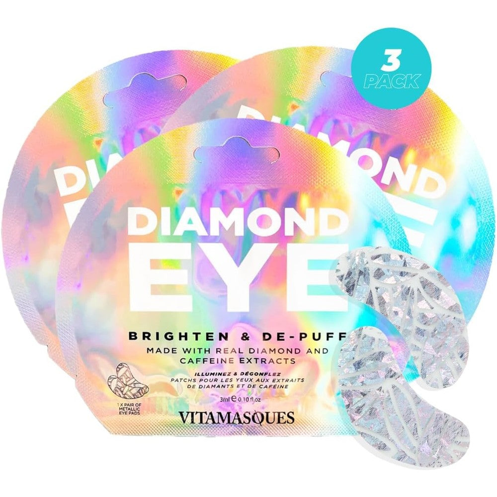 Vitamasques Diamond Eye Pads 3-Pack front view of holographic packaging for bright eyes