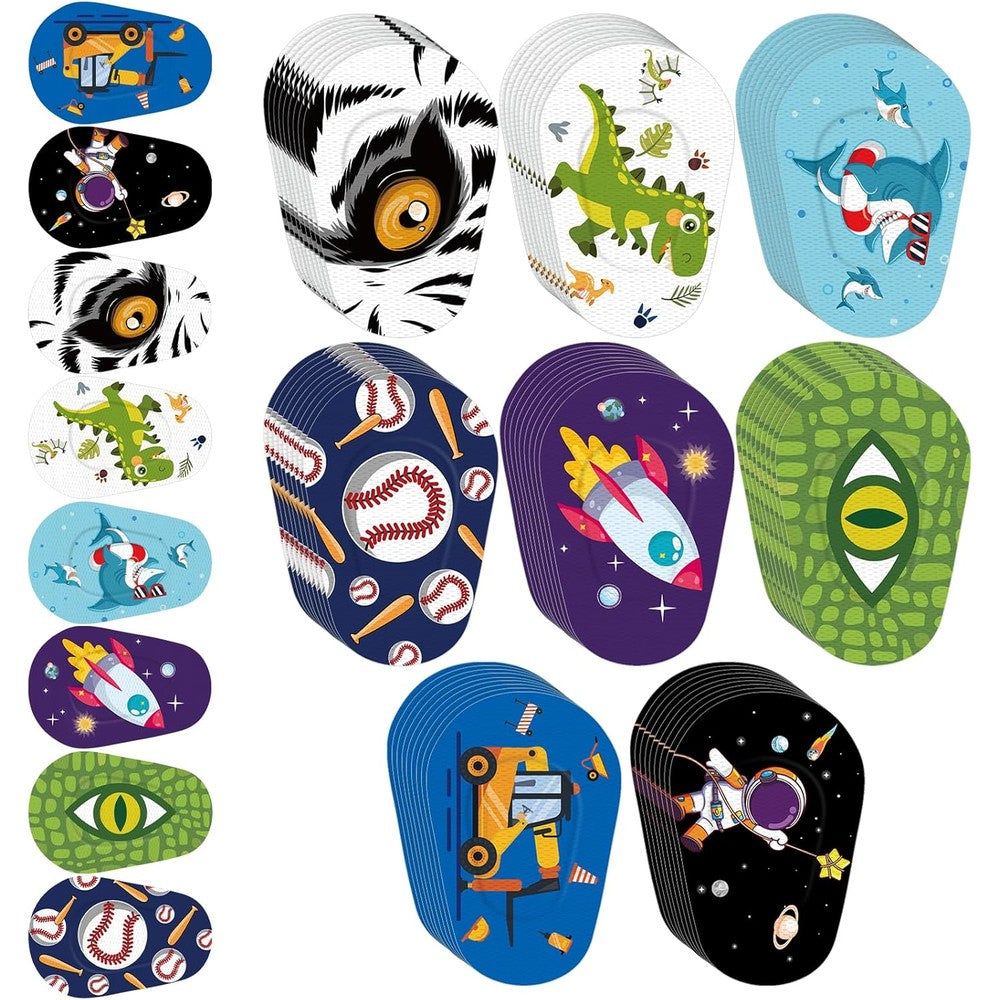 Hannea kids adhesive eye patches front packaging view showing colorful cartoon patterns.