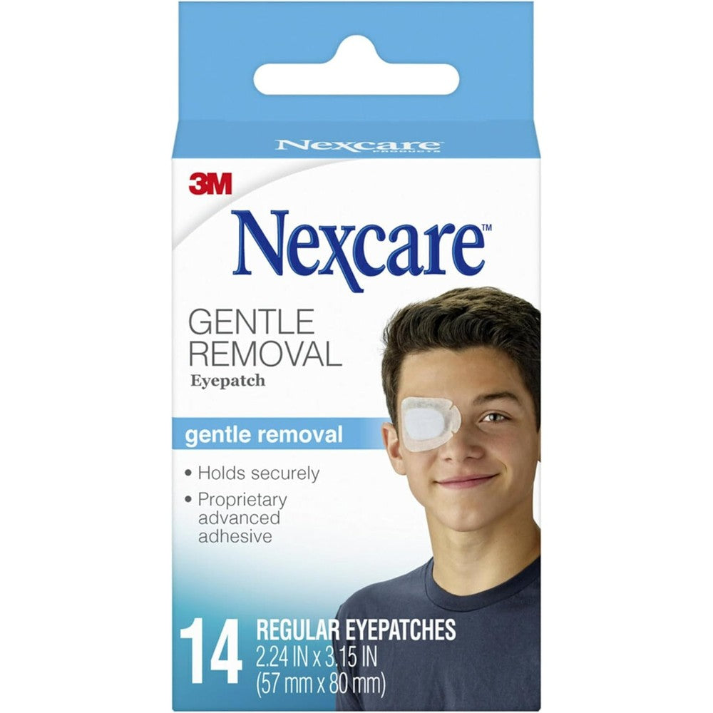 Nexcare Gentle Removal Eye Patch front packaging view showcasing regular size box for sensitive skin vision therapy.