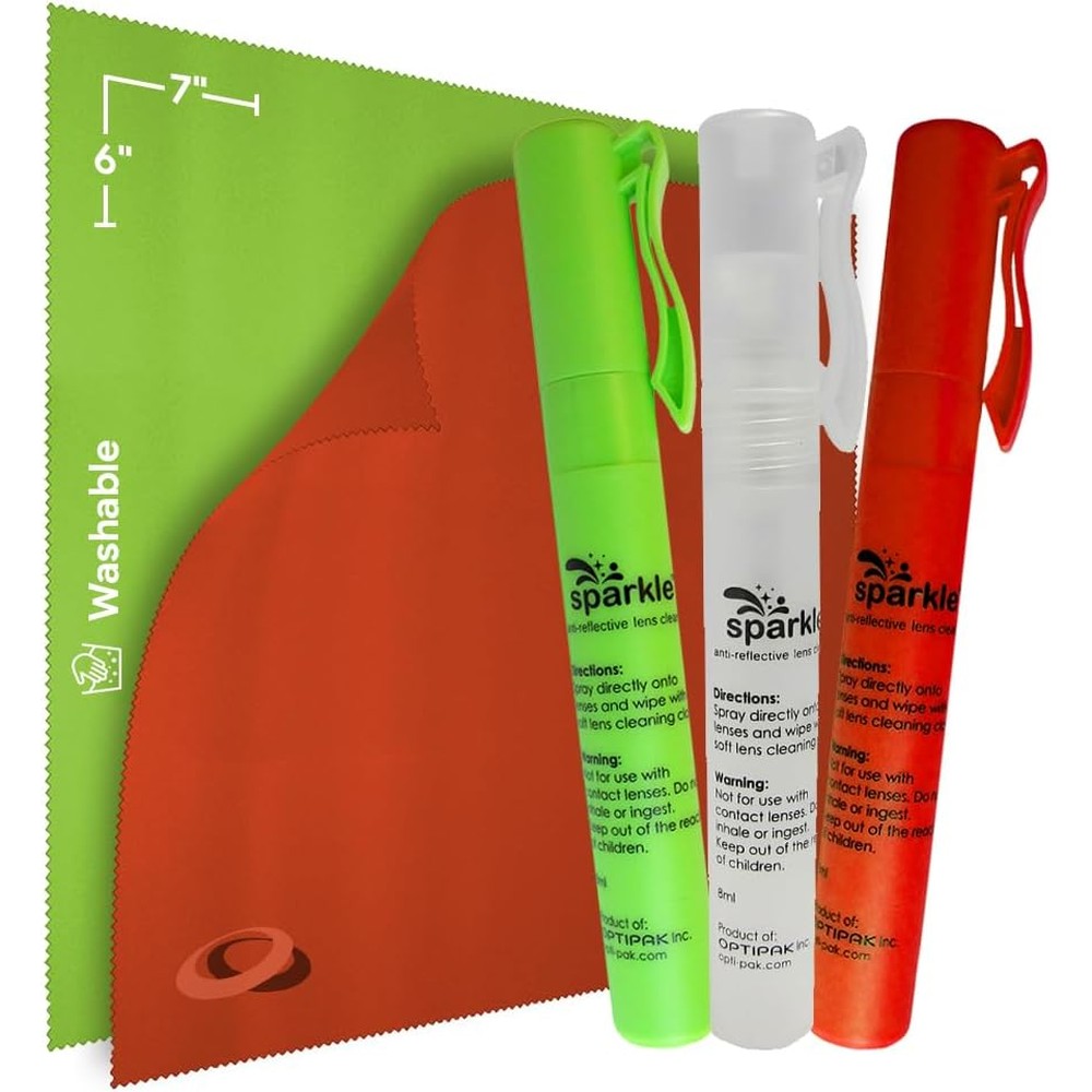 OPTIPAK Sparkle Anti-Reflective Lens Cleaner Kit front view showing three pen sprays and two microfiber cloths