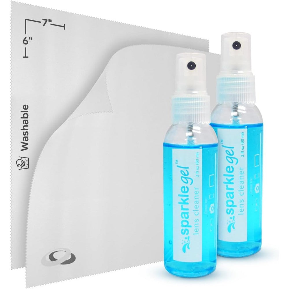 Optipak Sparkle gel lens cleaner kit front packaging view featuring spray bottles and cloths