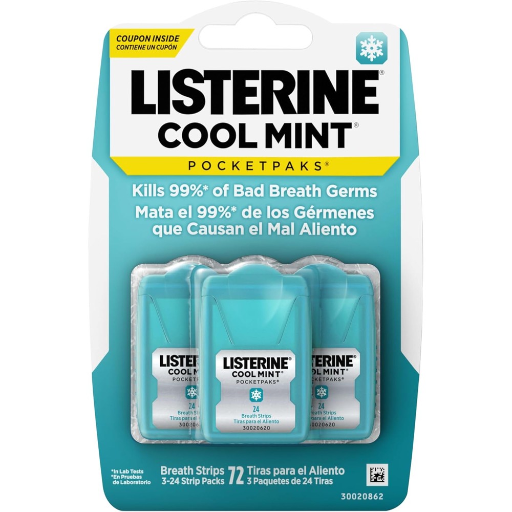 Listerine PocketPaks Cool Mint Breath Strips front view of 3-pack bundle